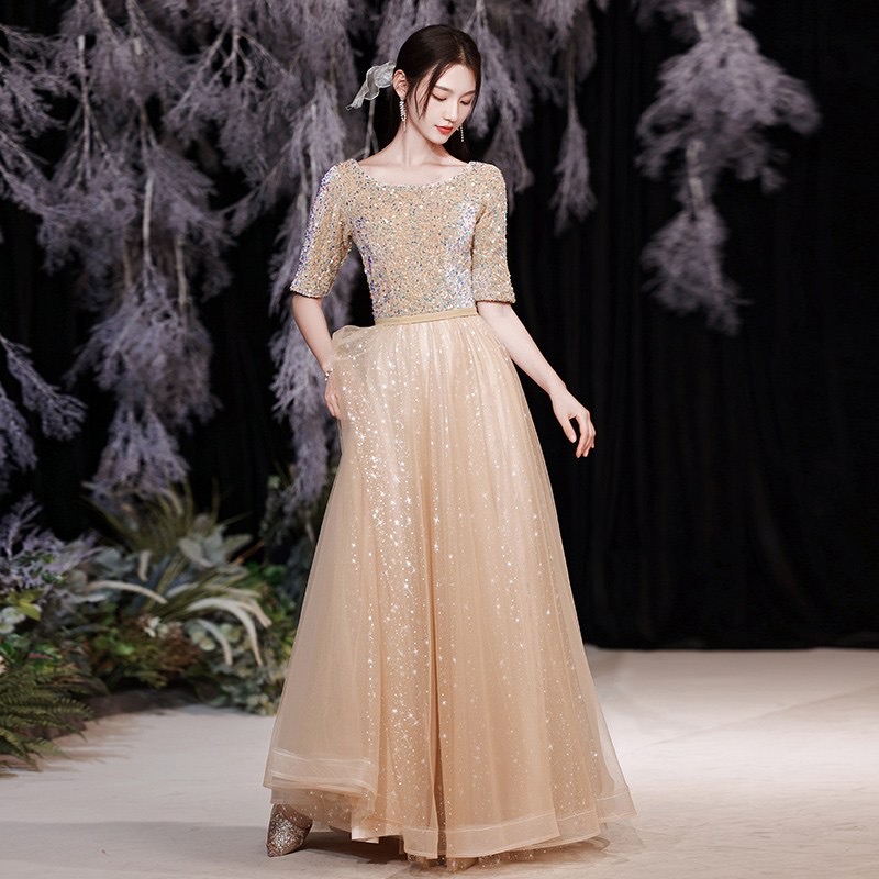 Of The Bling Bride Dresses Wedding Guest Gowns With Half Sleeve Jewel Neck Vestidos De Fiesta Plus Size Long Shiny Gown Party Groom Mother Dress For W