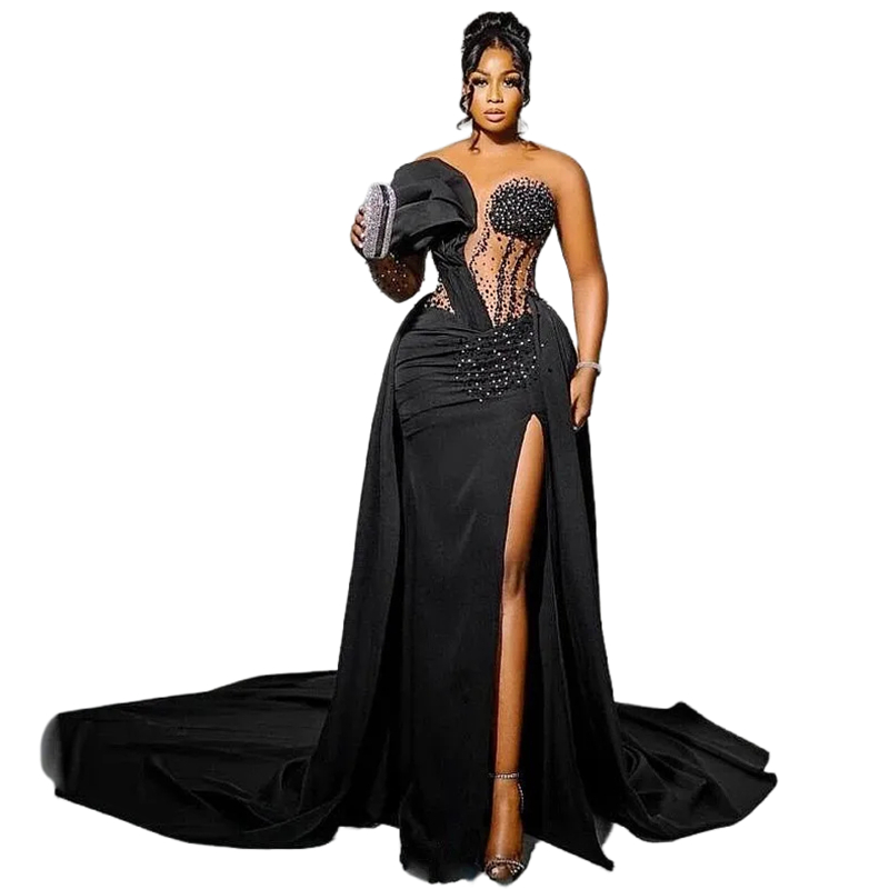 Sheath One Shoulder Prom Dresses With Detachable Train Side High Split Long Sleeve Black Special Occasion Dress Sequins Pearls Beaded Evening Gowns