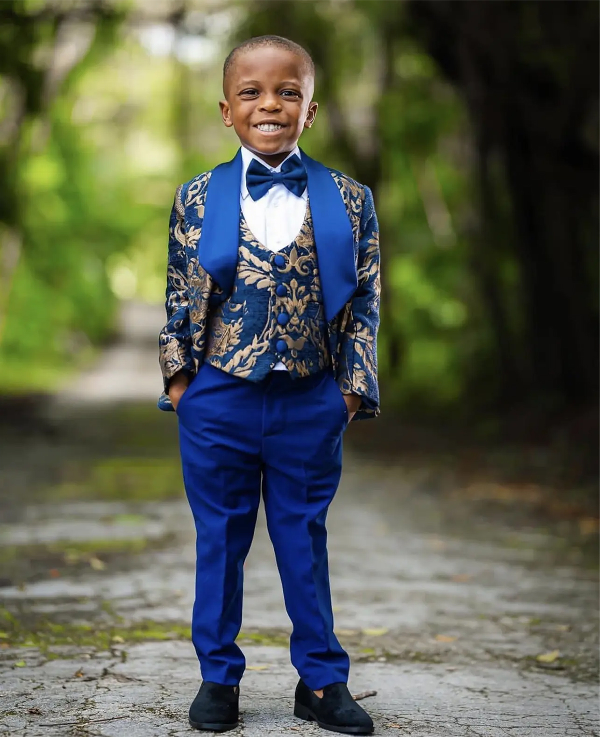 Navy Floral Pattern Boy Suits Dinner Tuxedos Little Kids For Wedding Party Prom Birthday Wear 3 Pieces Jacket Pants Vest