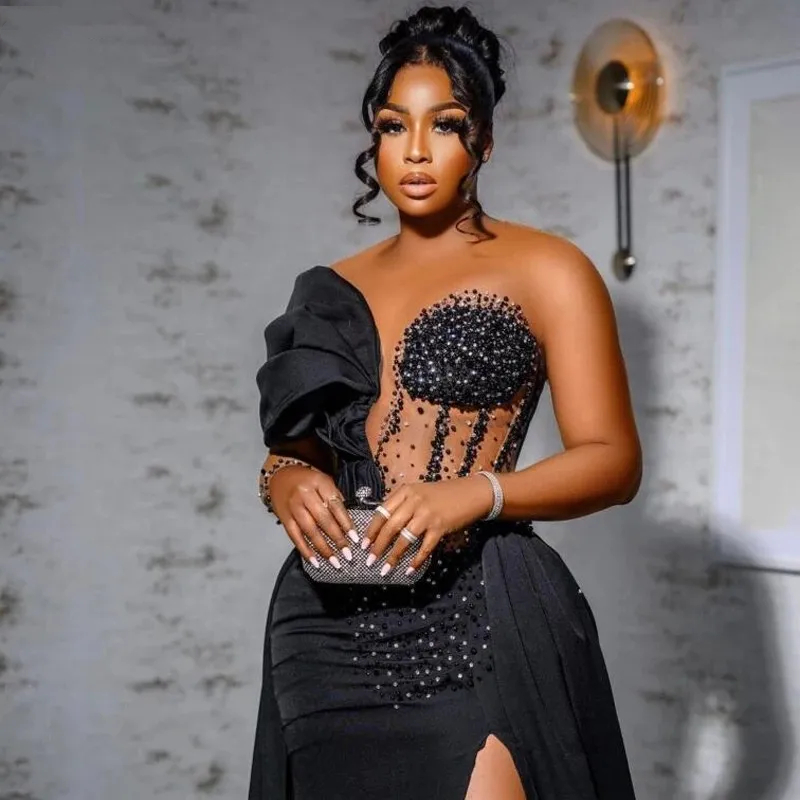 Sheath One Shoulder Prom Dresses With Detachable Train Side High Split Long Sleeve Black Special Occasion Dress Sequins Pearls Beaded Evening Gowns