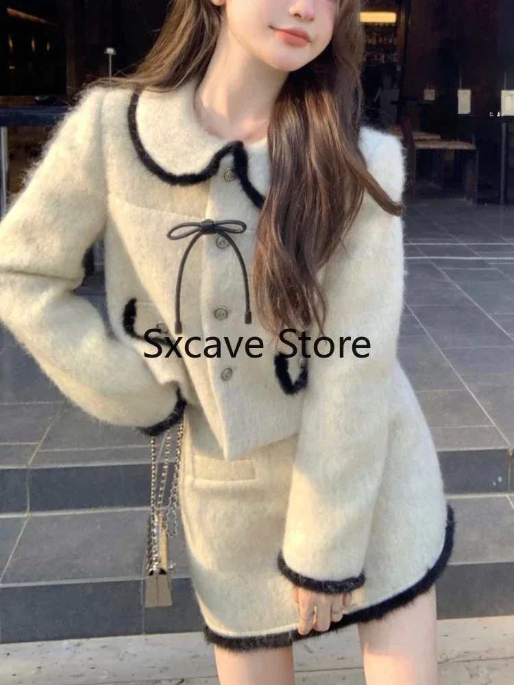 Two Piece Dress Elegant French 2 Skirts Set Women Casual Vintage Fur Jacket Coats Mini Skirt Office Lady 2023 Winter Korean Fashion Suit 231218