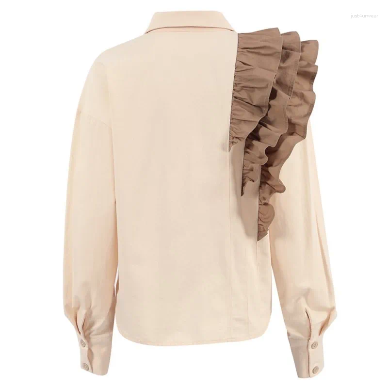 Women's Blouses Super Elegant Autumn Shirt Ladies Asymmetric Contrast Pocket Button Layered Lace Top