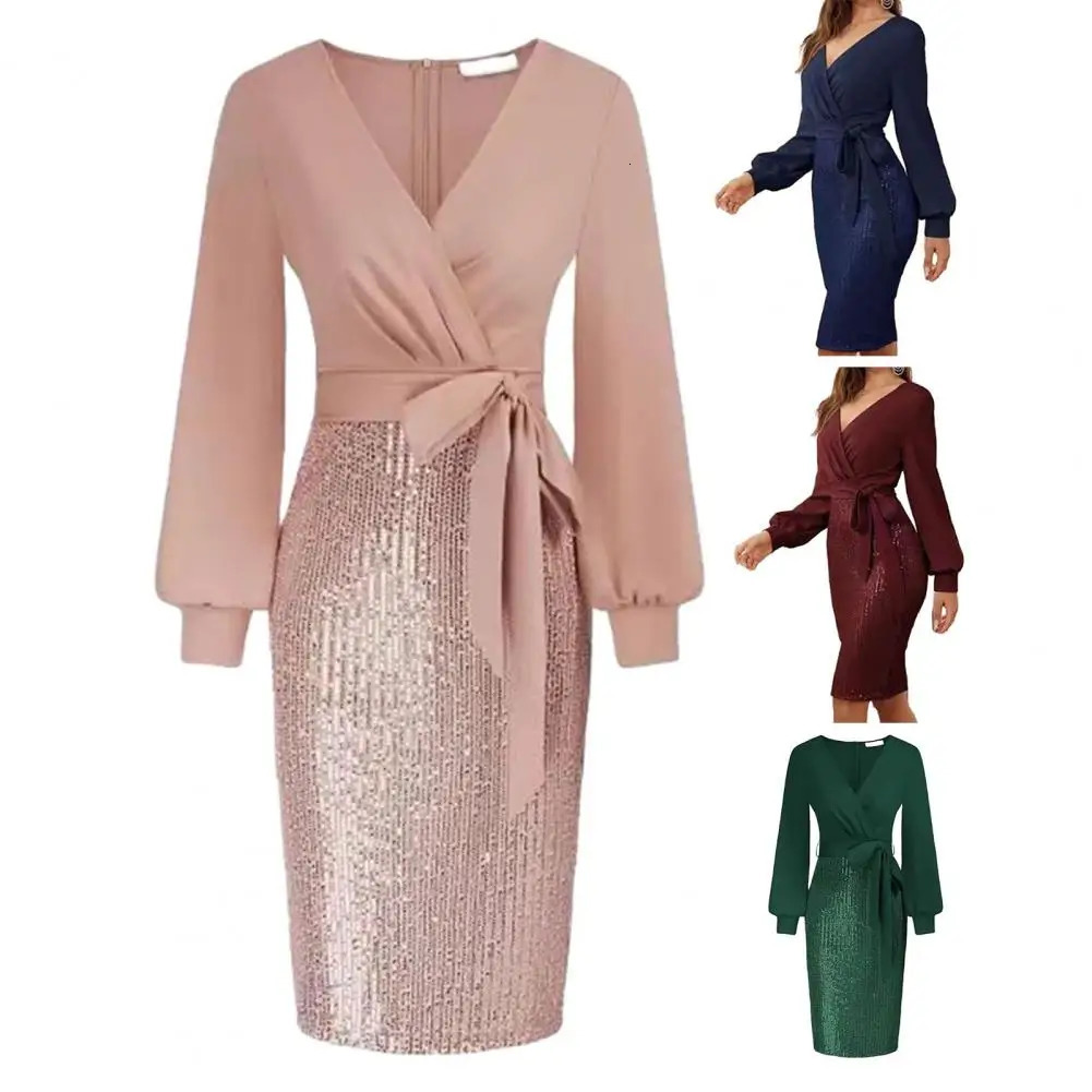 Basic Casual Dresse V neck Dress Stunning Sequin Splicing Bodycon Elegant V Neck Slim Fit Belted Waist for Evening Parties 231218