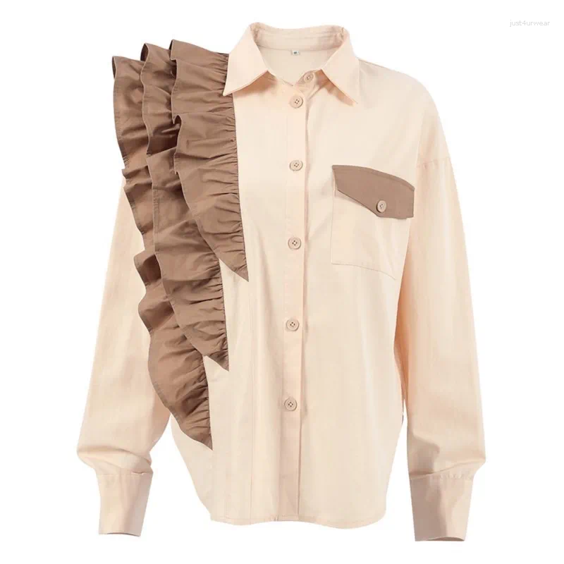 Women's Blouses Super Elegant Autumn Shirt Ladies Asymmetric Contrast Pocket Button Layered Lace Top