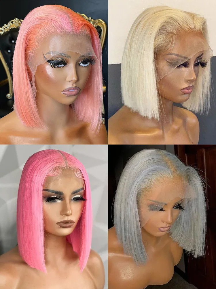 Synthetic Wigs Rose Pink Short Colored Bob Human Hair Brazilian 13X4 Straight Lace Front Transparent Pre Plucked Glueless Wig 231219