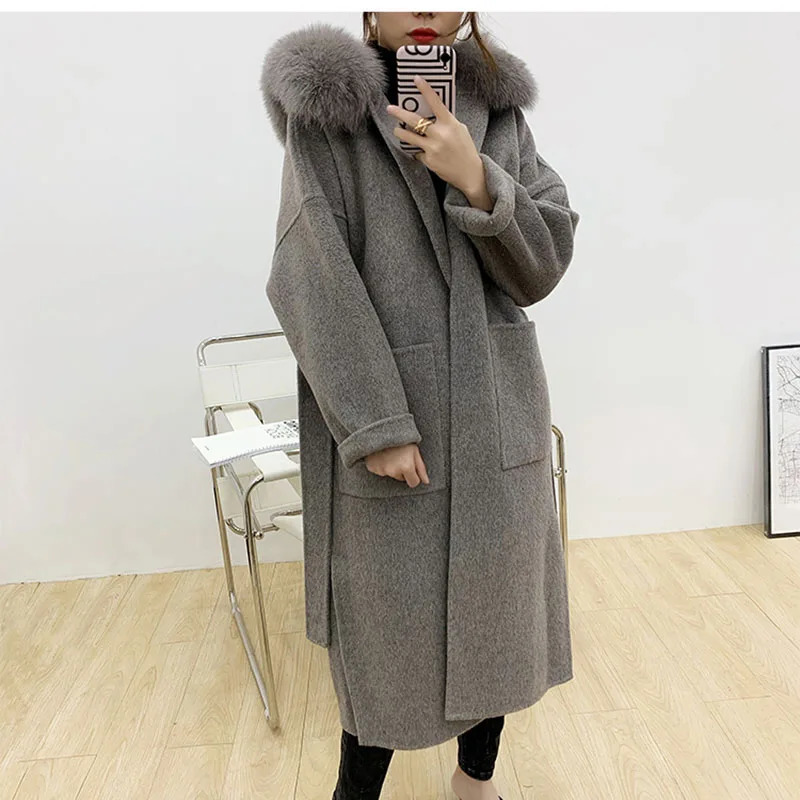 Women's Wool Blends Cashmere Woolen Women Plus Size Coat Long Sleeve Real Fur Hooded Loose Casual Jacket DoubleSided Oversize Overcoat 231218