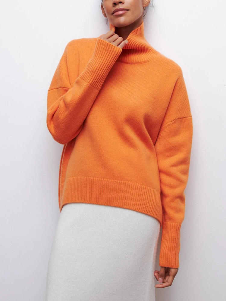 Women's Sweaters Candy Color Turtleneck 2023 Autumn Loose Orange Oversize Sweater Knitted Top with Sleeves Pullovers for Women Jumpers 231218