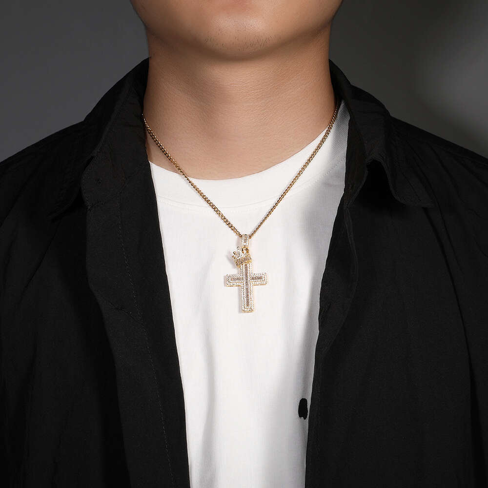 crown cross pendant necklace men Hip Hop punk fashion personality wide GRA moissanite diamond 18k gold sterling silver cuban link chain women