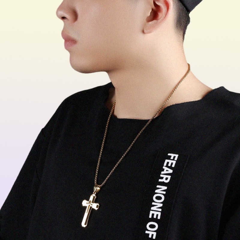 Hip Hop Cross Pendant Necklace For Men New WhiteBlack Gold Color Stainless Steel 55CM Box Link Chain Male Gift