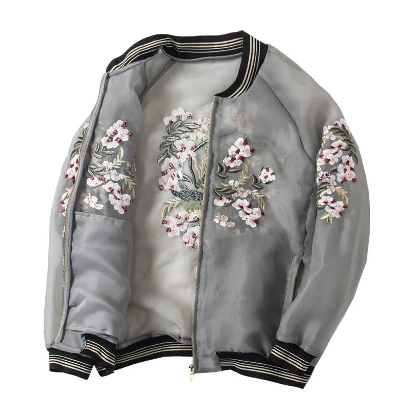 Men s Vests Organza Vintage Flower Embroidered Baseball jacket Women Casual Bomber Ropa mujer Summer casual Thin Sunscreen coat 231219
