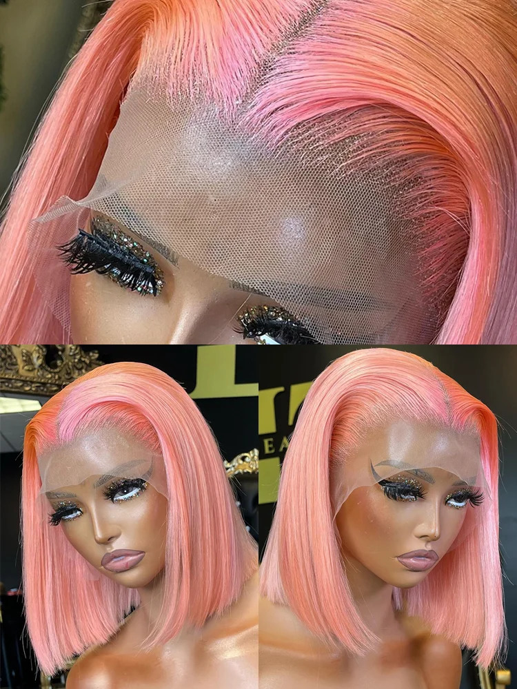 Synthetic Wigs Rose Pink Short Colored Bob Human Hair Brazilian 13X4 Straight Lace Front Transparent Pre Plucked Glueless Wig 231219