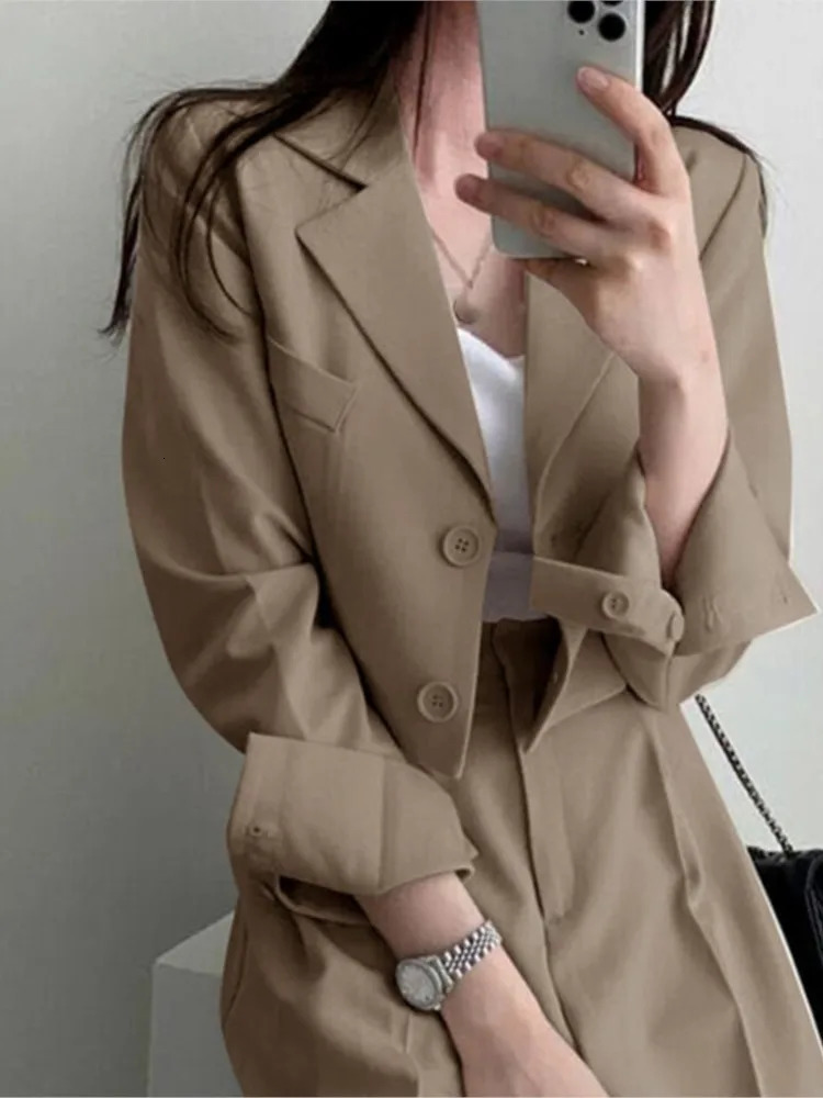 Women's Suits Blazer's Solid Casual Blazer Jacket Wide Leg High Waist Pants Office Lady Autumn Spring Crop Tops Coats Two Piece Sets 231219