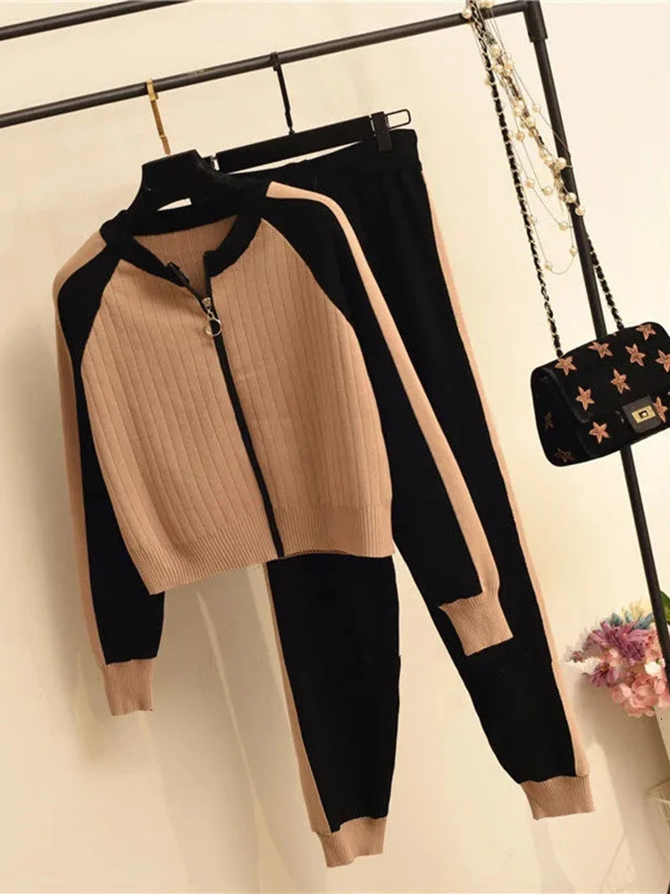 Women's Two Piece Pants Casual O-neck Patchwork Sweater 2 Piece Set Slim Women Zipper Sueter Tops Conjuntos Mom Jogger Knitwear Pant Ensembles 23