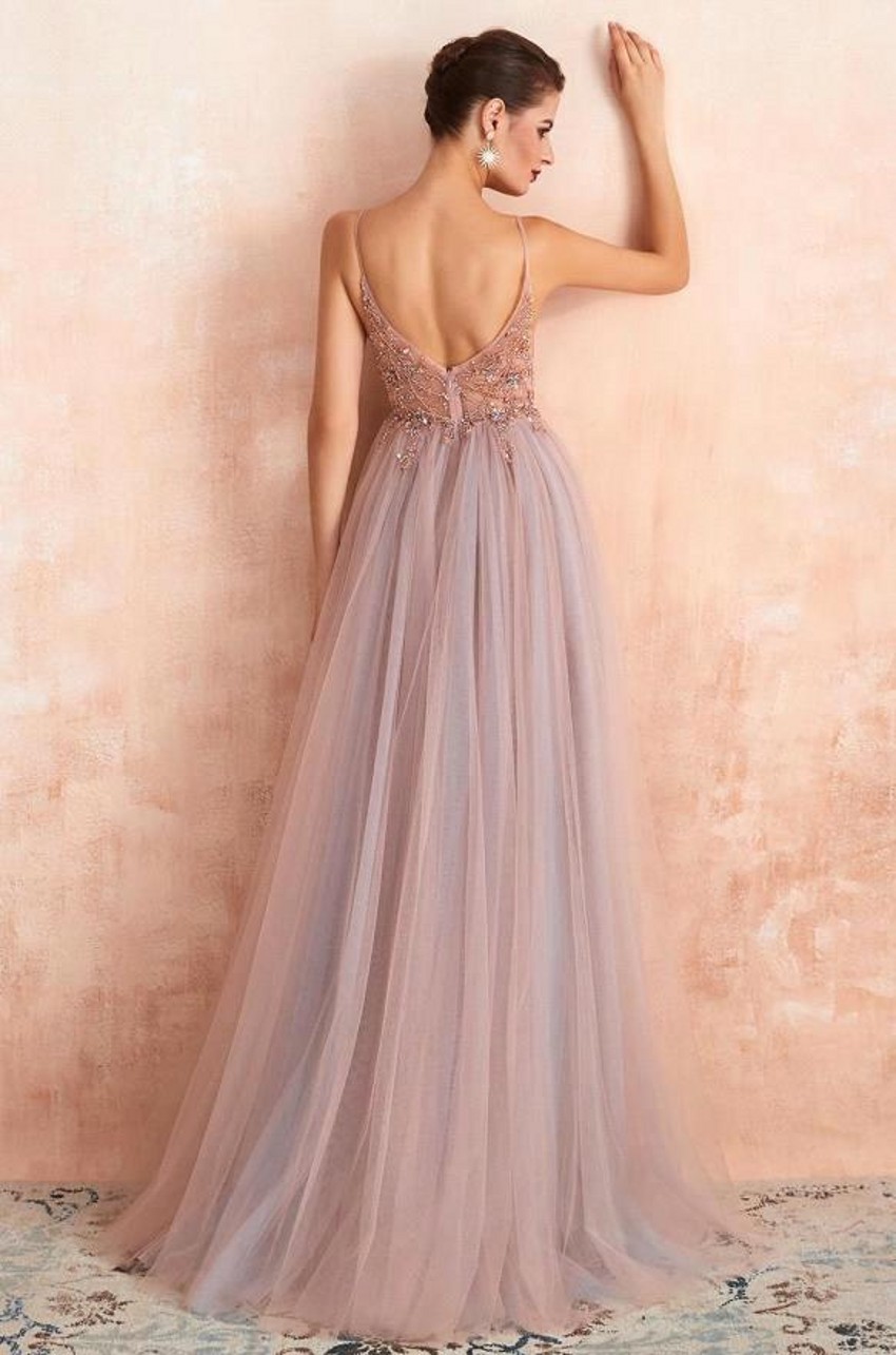 Line Modern A Tulle Prom Dresses Sexy Spaghetti Straps Front Slit Long Evening Party Gowns Open Back Bridesmaids Wears BC
