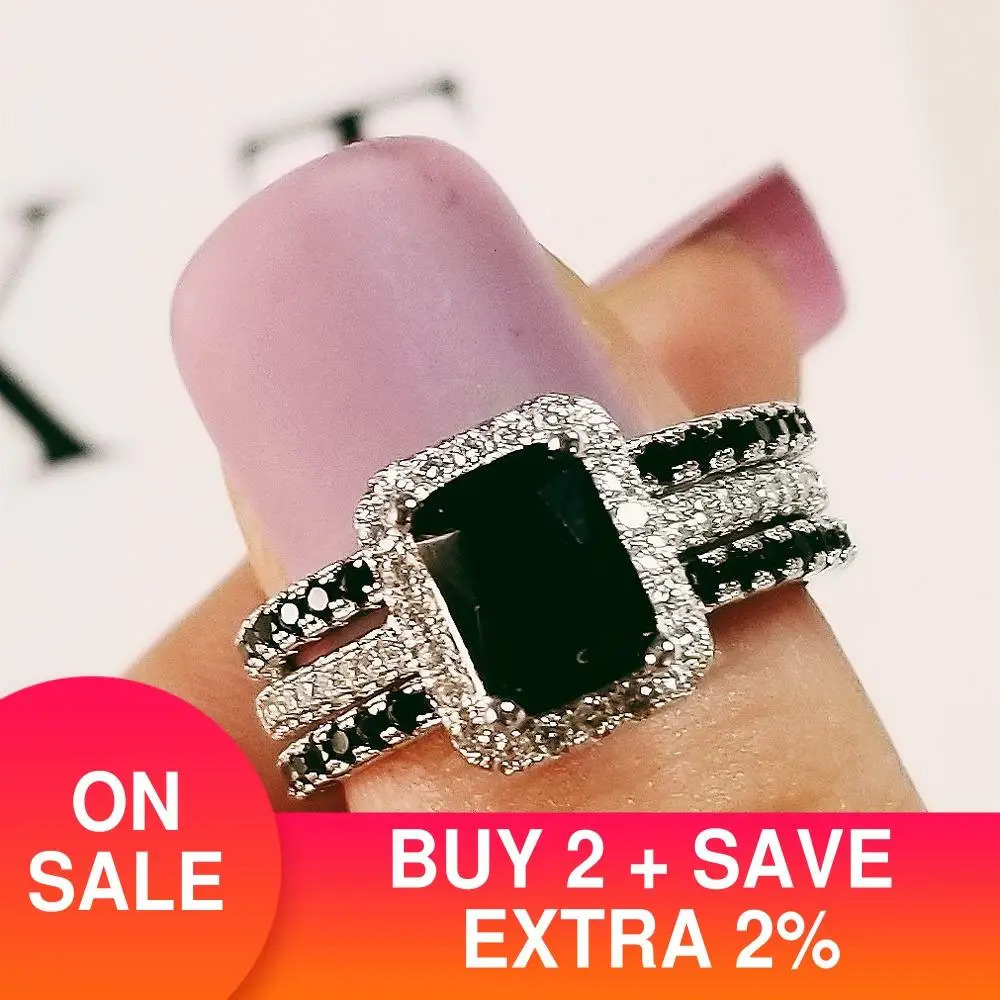 Solitaire Ring silver color bride Wedding Rings Set 3 In 1 Band Ring For Women Engagement Bridal Fashion Jewelry Finger Christmas R1997x-black 231218