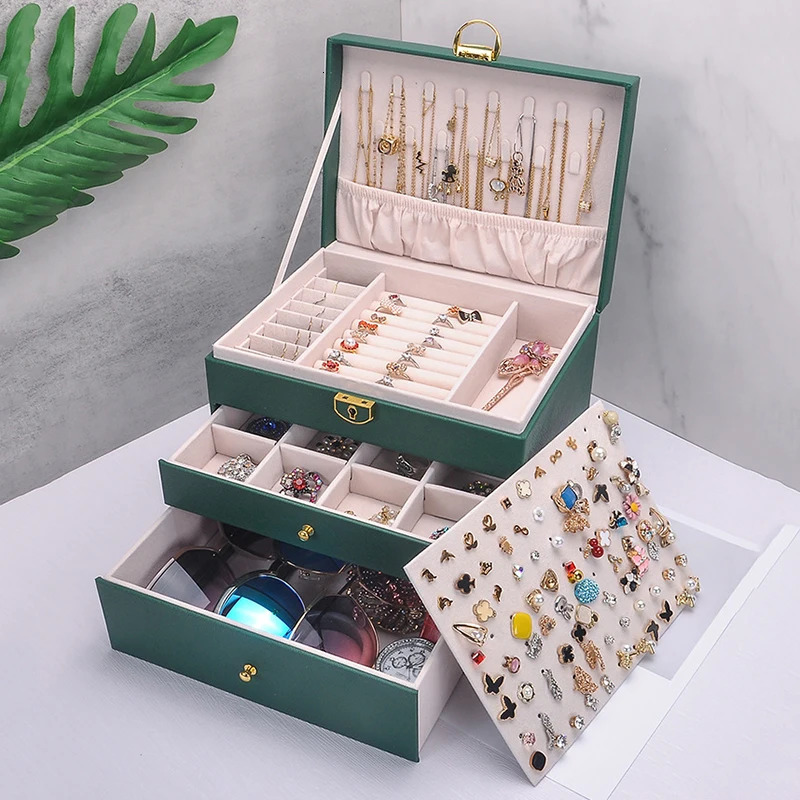 Jewelry Boxes High Quality Pu Jewelry Organizer Box Necklaces Earrings Rings Display Oversized Holder Case For Women Large Capacity With Lock 231218