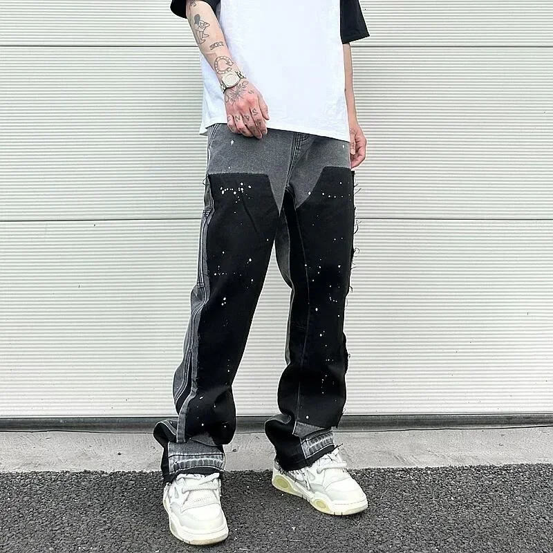 Men's Jeans European American retro trendy spliced jeans street style bootcut pants ink splash for male couples 231219