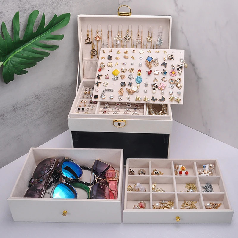Jewelry Boxes High Quality Pu Jewelry Organizer Box Necklaces Earrings Rings Display Oversized Holder Case For Women Large Capacity With Lock 231218