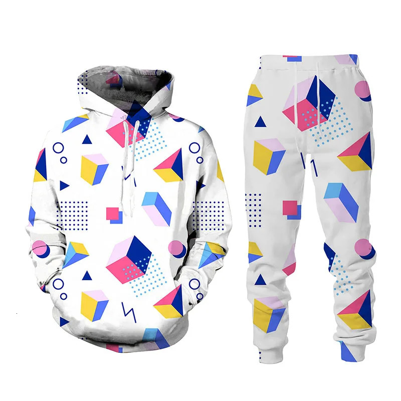 Ethnic Clothing Spring And Autumn Fashion Men Tracksuit 2 Piece Hip Hop Tops and Pants Male Female Sweat Suits Fun Geometry Print Hoodies 231219