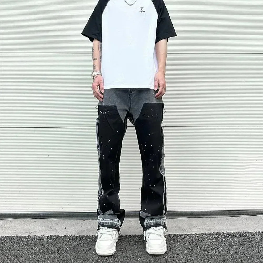Men's Jeans European American retro trendy spliced jeans street style bootcut pants ink splash for male couples 231219
