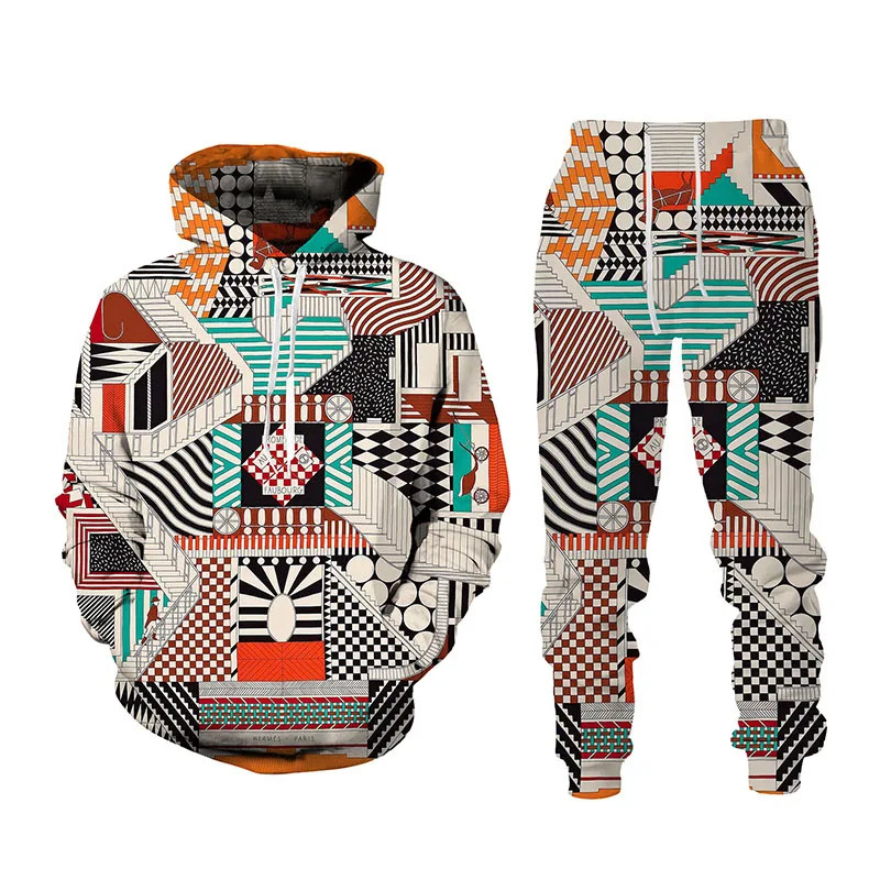 Ethnic Clothing Spring And Autumn Fashion Men Tracksuit 2 Piece Hip Hop Tops and Pants Male Female Sweat Suits Fun Geometry Print Hoodies 231219