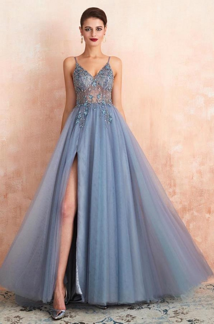 Line Modern A Tulle Prom Dresses Sexy Spaghetti Straps Front Slit Long Evening Party Gowns Open Back Bridesmaids Wears BC