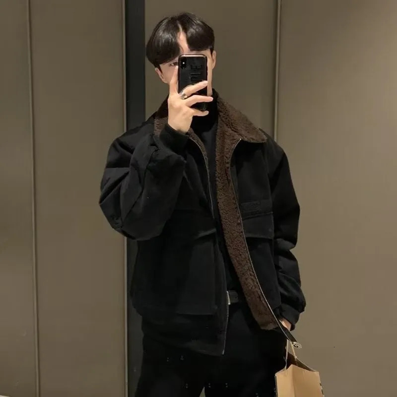 Men's Jackets Winter Clothing Korean Men's Casual Jacket High Street Zippers Turn-down Collar Long Sleeve Patchwork Retro Thicken Coat 23121