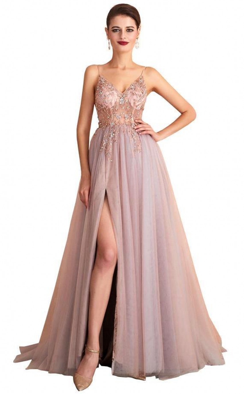Line Modern A Tulle Prom Dresses Sexy Spaghetti Straps Front Slit Long Evening Party Gowns Open Back Bridesmaids Wears BC