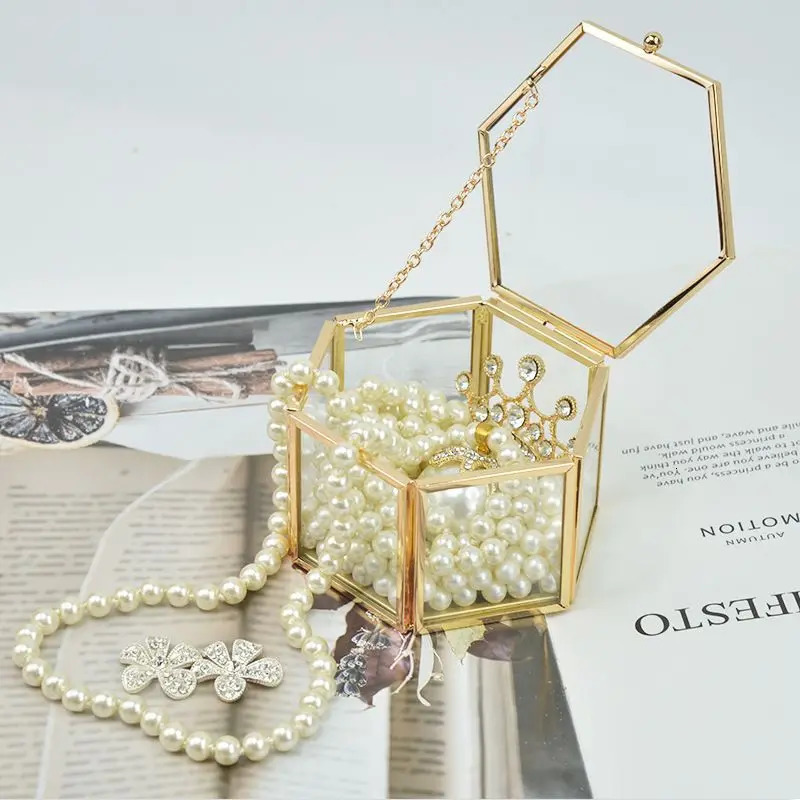 Jewelry Boxes Custom Hexagonal Glass Ring Box Geometrical Clear Jewelry Storage Box Eternal Flower Ring Holder Personalized Wedding Decoration 231218