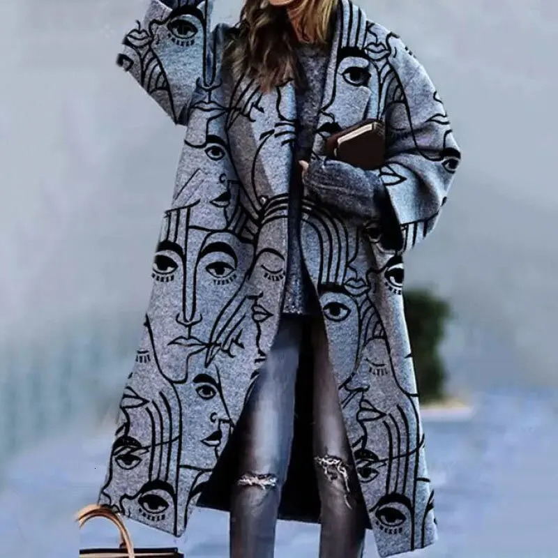 Women's Wool Blends Winter Clothe's Color Blocking Plaid Long Sleeve Lapel Coat Printed Dragon and Phoenix Woolen Casual Street Clothes 2312