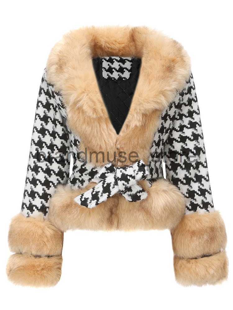 Women's Down Parkas Vintage Houndstooth Jacket Women Autumn Winter Warm Detachable Collar Short Coat Female Elegant Fashion Slim Bandage Outerwea