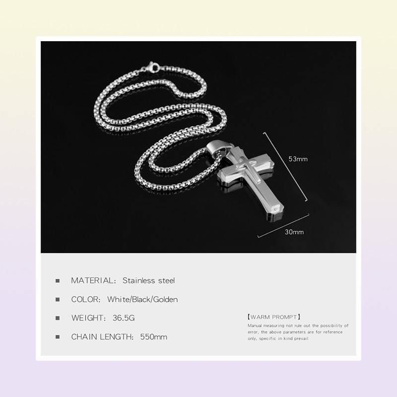 Hip Hop Cross Pendant Necklace For Men New WhiteBlack Gold Color Stainless Steel 55CM Box Link Chain Male Gift