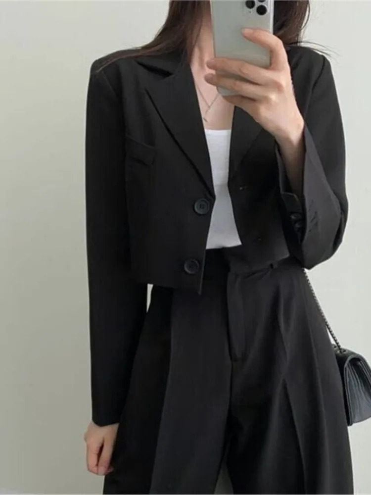 Women's Suits Blazer's Solid Casual Blazer Jacket Wide Leg High Waist Pants Office Lady Autumn Spring Crop Tops Coats Two Piece Sets 231219