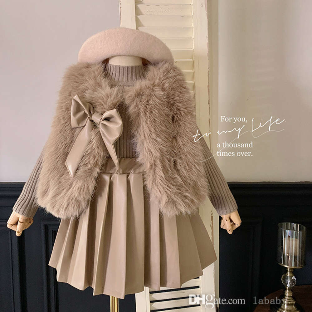 Autumn Winter Baby Girl Clothes Skirt Set Bow Princess Dresses Knit Long Sleeve Sweater Furry Vest Coat A-line Thicken Pleated Dress Three Piece Sets Kids Clothing