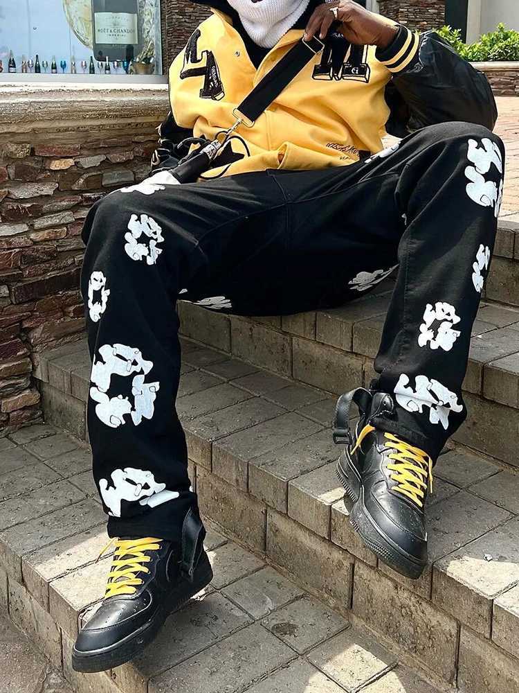 Men's Jeans Black Printed Jeans For Men'S Y2k Fashionable Loose Fitting Wide Leg Offset Casual Pants Large Hip-Hop Men'S PantsL2312