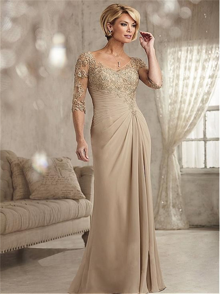 Elegant Applique Lace Mother of the Bride Champagne Evening Chiffon Half Sleeves Prom Dresses Vestidos