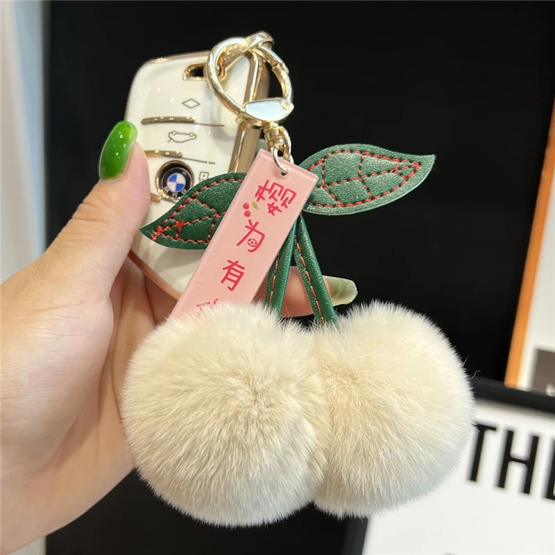 Key Rings Cute Small Cherry Real Rex Rabbit Fur Keychain Plush Ball Bag Charm Women Car Keyring Jewelry Pendant Sweet Girl Birthday Gifts 231218