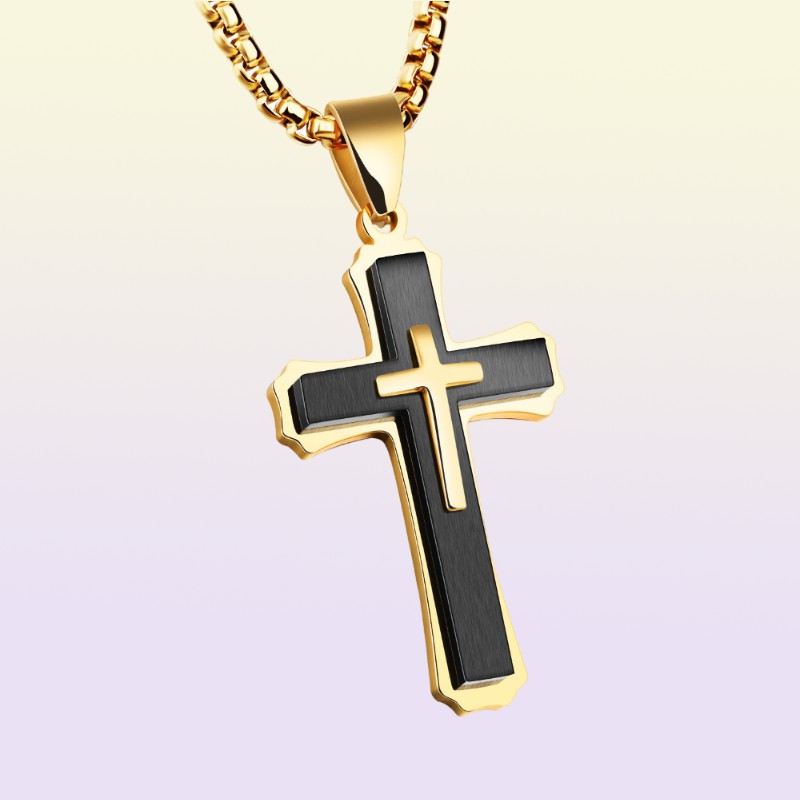 Hip Hop Cross Pendant Necklace For Men New WhiteBlack Gold Color Stainless Steel 55CM Box Link Chain Male Gift