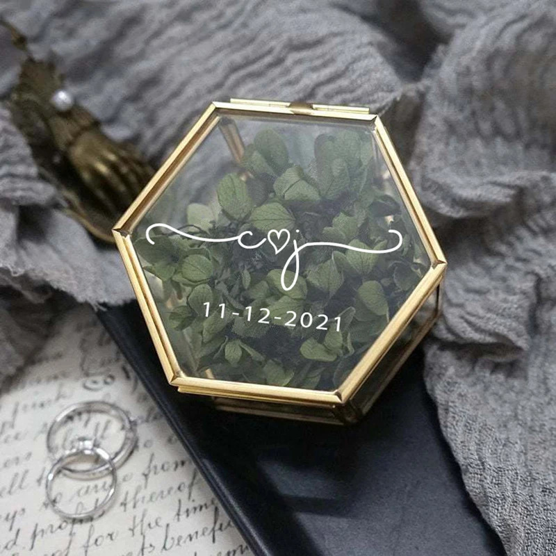 Jewelry Boxes Custom Hexagonal Glass Ring Box Geometrical Clear Jewelry Storage Box Eternal Flower Ring Holder Personalized Wedding Decoration 231218