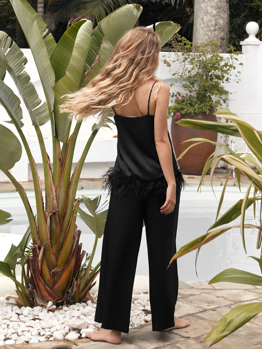 Women's Sleepwear Chic Satin Pajamas With Feathers Women Sets Pants Black Spaghetti Strap Home Suit White Trouser Suits 231219