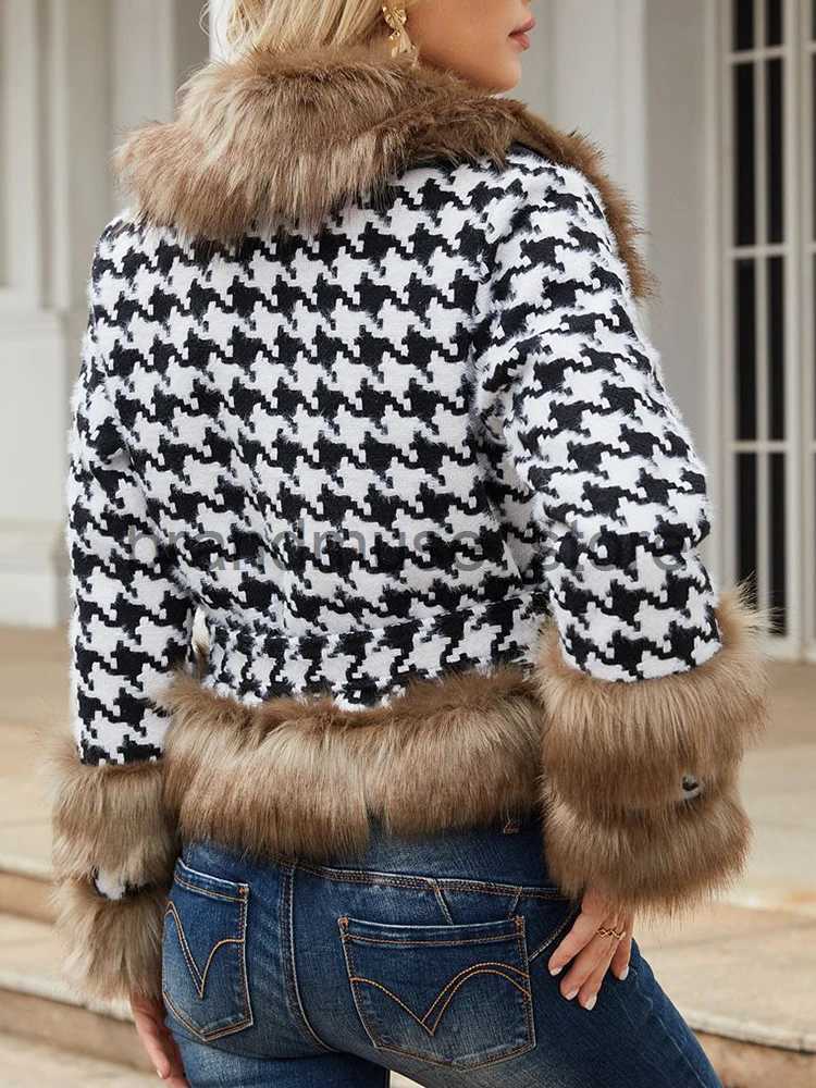 Women's Down Parkas Vintage Houndstooth Jacket Women Autumn Winter Warm Detachable Collar Short Coat Female Elegant Fashion Slim Bandage Outerwea