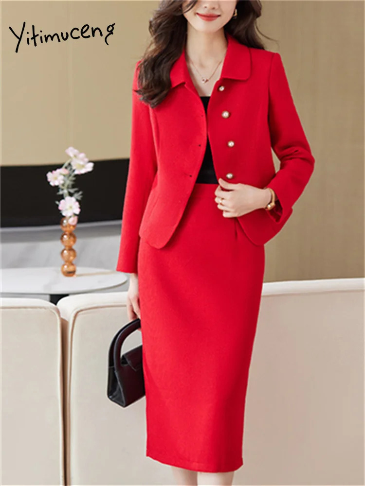 Two Piece Dress Yitimuceng Solid Sets Outifits 2023 Turn Down Collar Single Breasted Blazers High Waisted Chic Midi Skirt Suits 231219