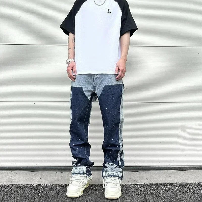 Men's Jeans European American retro trendy spliced jeans street style bootcut pants ink splash for male couples 231219