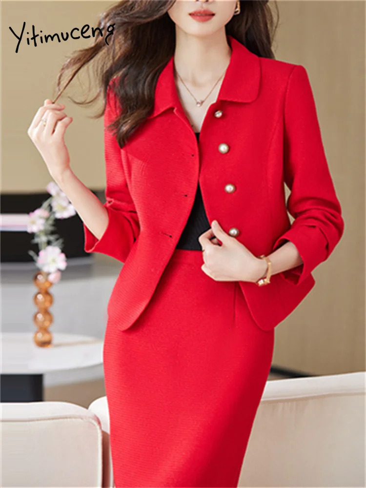 Two Piece Dress Yitimuceng Solid Sets Outifits 2023 Turn Down Collar Single Breasted Blazers High Waisted Chic Midi Skirt Suits 231219
