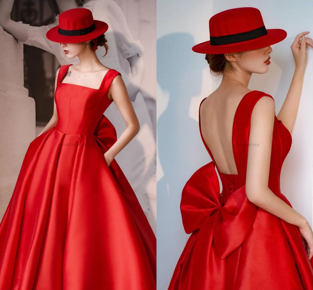 Classic Red Evening Pageant Dress 2025 With Big Bow Straps Square Neck Satin A-e Prom Party Formal Gowns Vestidos Feast Robe De Soiree