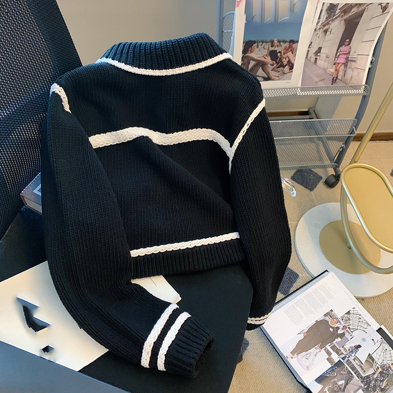 Black Preppy Style Knitted Cardigan Sweater For Women With Pocket, Long Sleeve, Casual Loose Fit, 100% Cotton, Winter Clothing B2