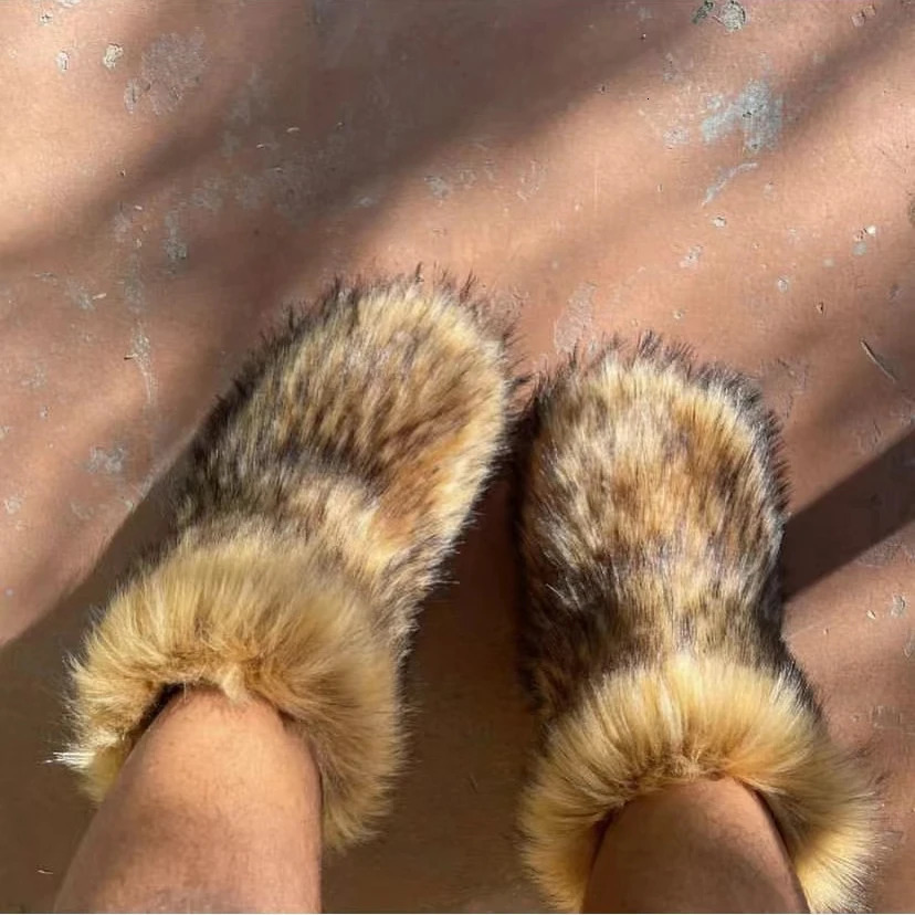 Winter Fuzzy Women Furry Shoes Fluffy Fur Snow Boots Plush ing Slip-on Rubber Flat Outdoor Bowtie Warm Ladies Footwear 231218 ab1f