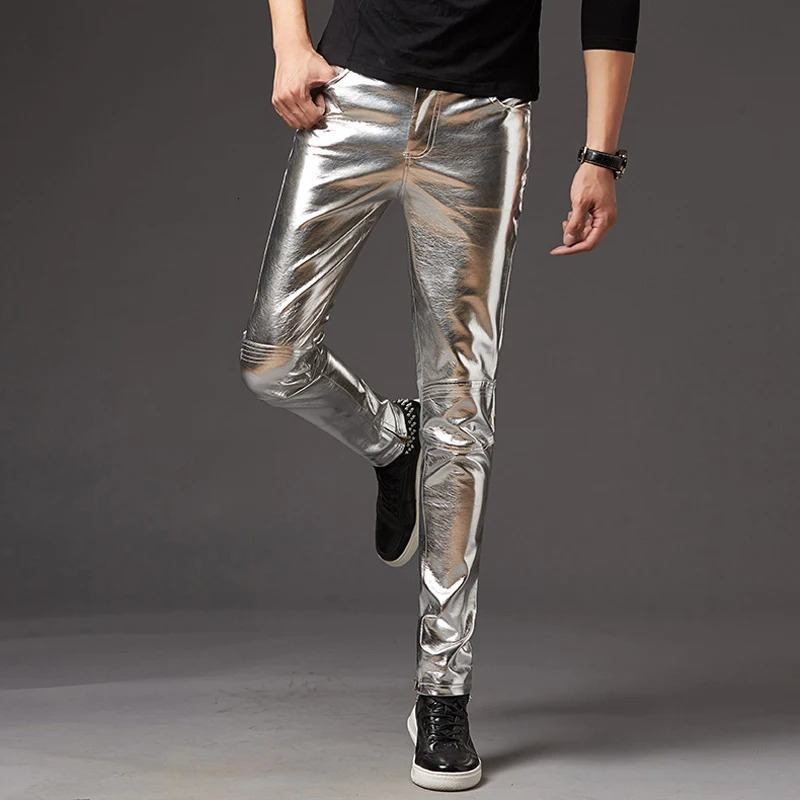 Men's Pants PU Leather Shiny Slim Fit Fashion Nightclub Party Trousers Dance Thin 231218