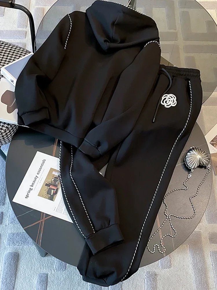 Women's Two Piece Pants Fashion 2 Piece Sets Women Outfit Thick Autumn Winter Hoodies Pants Suit Dimensional Flower Long Sleeve Sweatsuit Warm 23