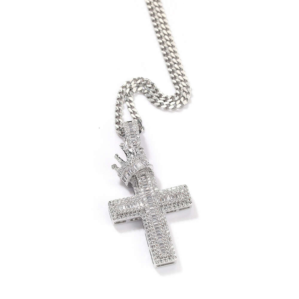 crown cross pendant necklace men Hip Hop punk fashion personality wide GRA moissanite diamond 18k gold sterling silver cuban link chain women